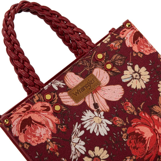 WG-HB-438-8120-BDY - Wrangler Floral Print Braided Tote Bag - Burgundy