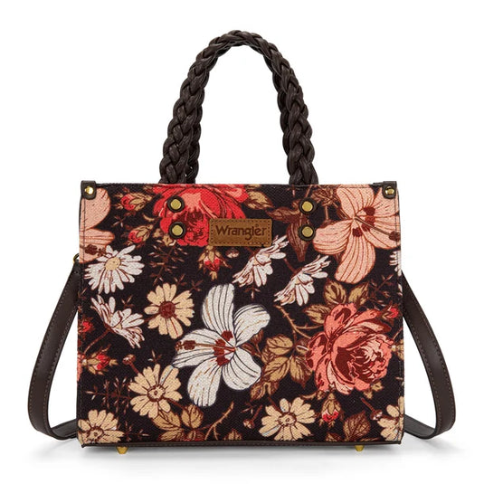 WG-HB-438-8120-CF - Wrangler Floral Print Braided Tote Bag - Coffee