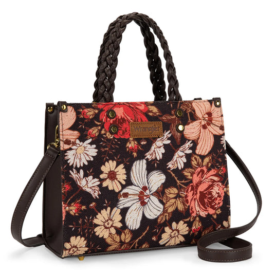 WG-HB-438-8120-CF - Wrangler Floral Print Braided Tote Bag - Coffee