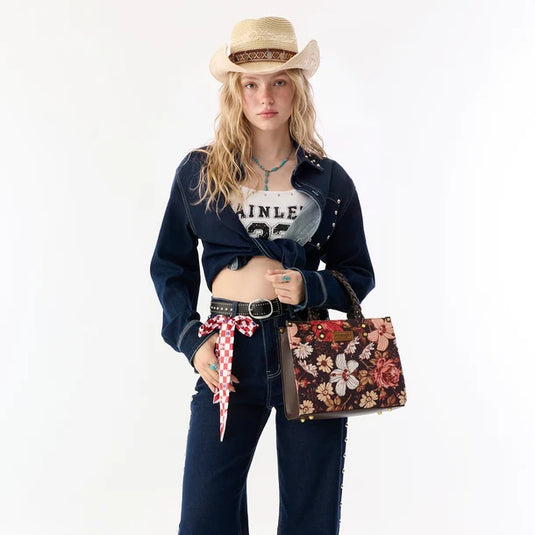 WG-HB-438-8120-CF - Wrangler Floral Print Braided Tote Bag - Coffee
