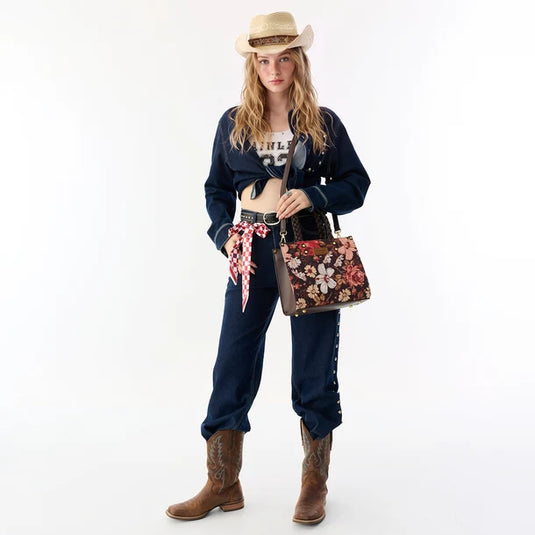 WG-HB-438-8120-CF - Wrangler Floral Print Braided Tote Bag - Coffee