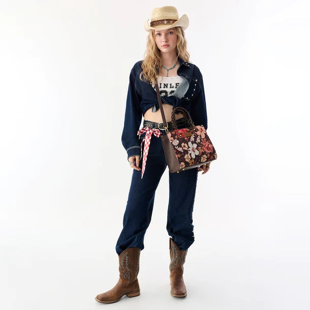 Load image into Gallery viewer, WG-HB-438-8120-CF - Wrangler Floral Print Braided Tote Bag - Coffee
