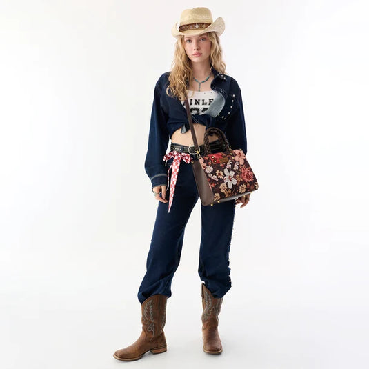 WG-HB-438-8120-CF - Wrangler Floral Print Braided Tote Bag - Coffee