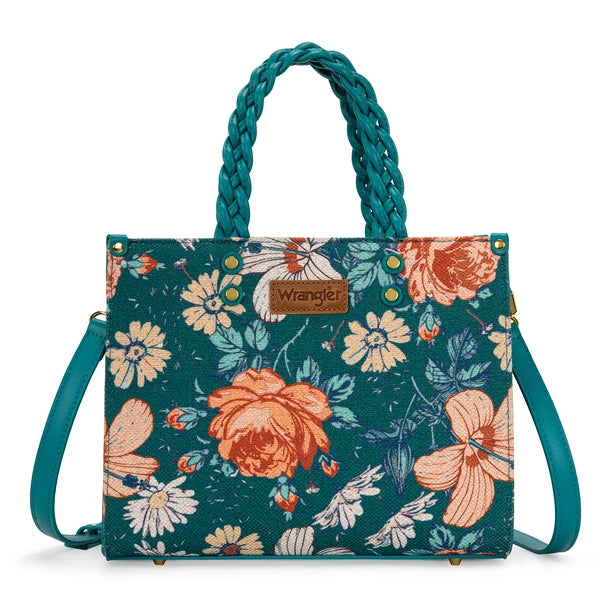 Load image into Gallery viewer, WG-HB-438-8120-TQ - Wrangler Floral Print Braided Tote Bag - Turquoise

