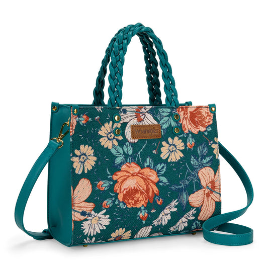 WG-HB-438-8120-TQ - Wrangler Floral Print Braided Tote Bag - Turquoise