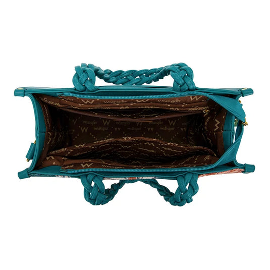 WG-HB-438-8120-TQ - Wrangler Floral Print Braided Tote Bag - Turquoise