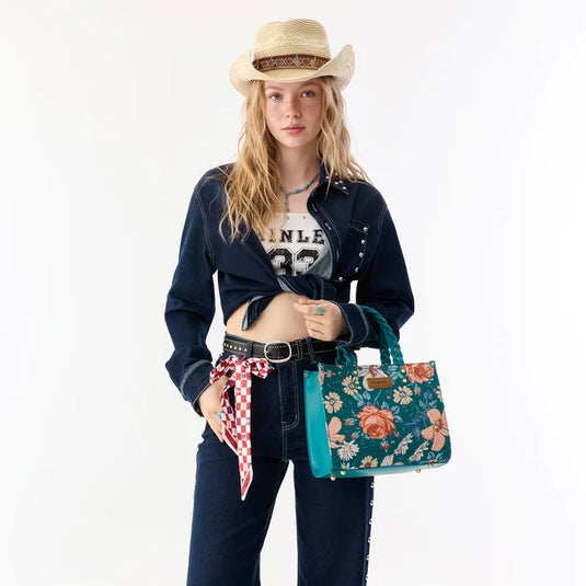 WG-HB-438-8120-TQ - Wrangler Floral Print Braided Tote Bag - Turquoise