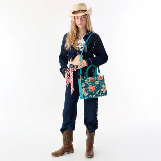 WG-HB-438-8120-TQ - Wrangler Floral Print Braided Tote Bag - Turquoise