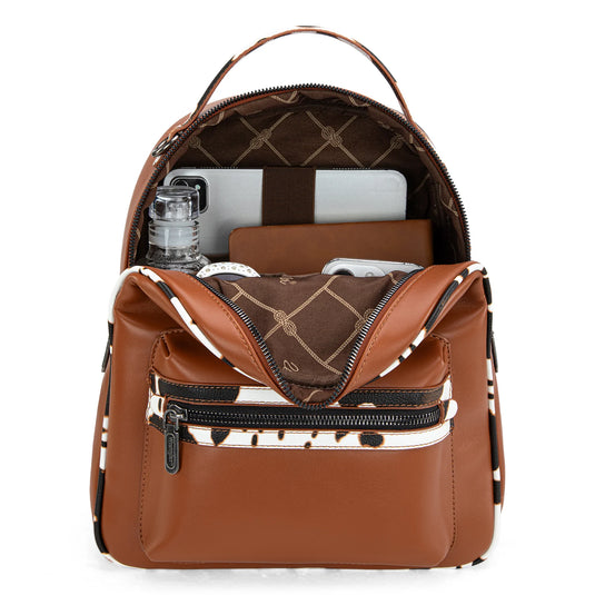 WG102-8603BR - Wrangler Cow Print Backpack With Coin Pouch - Brown