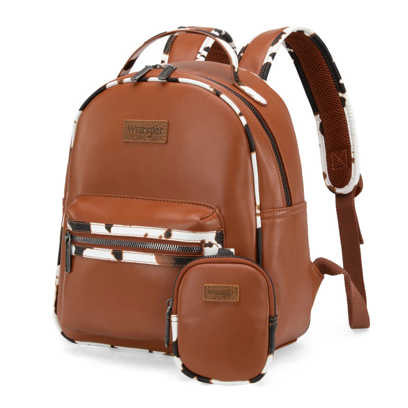 Load image into Gallery viewer, WG102-8603BR - Wrangler Cow Print Backpack With Coin Pouch - Brown
