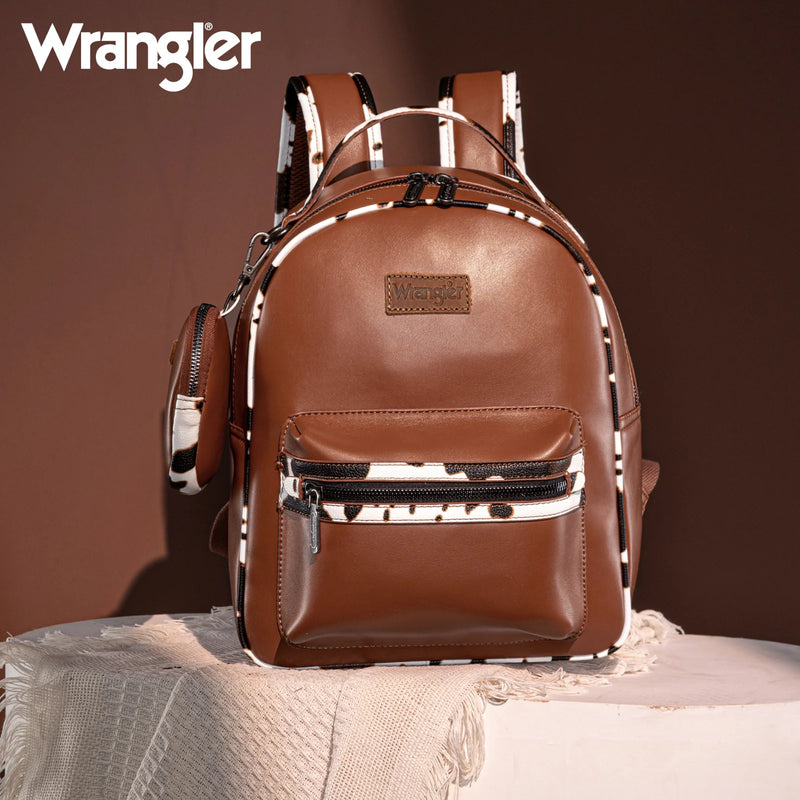 Load image into Gallery viewer, WG102-8603BR - Wrangler Cow Print Backpack With Coin Pouch - Brown
