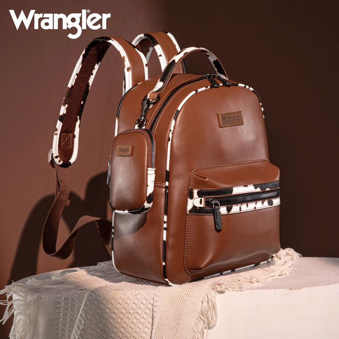 WG102-8603BR - Wrangler Cow Print Backpack With Coin Pouch - Brown