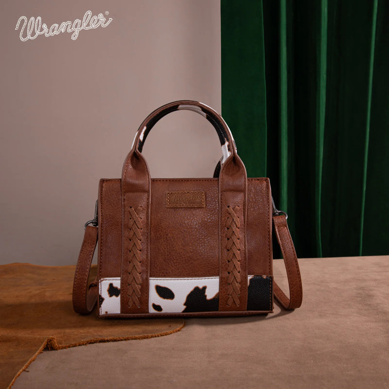 Load image into Gallery viewer, WG102S-8120BR - Wrangler Cow Print Mini Tote/Crossbody - Brown
