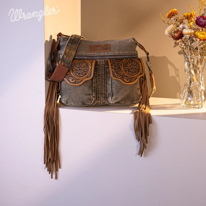 WG103-2009SOLIVE - Wrangler Fringe Floral Tooled Denim Crossbody - Olive