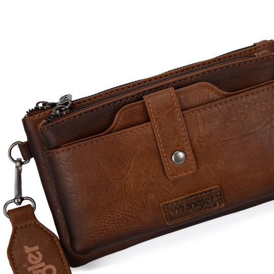 WG120-209BR - Wrangler Dual Zipper Compartment Crossbody Bag - Brown