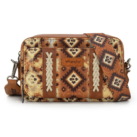 WG130-3003LBR - Wrangler Dual Sided Print Crossbody Purse W/ Compartment - Light Brown