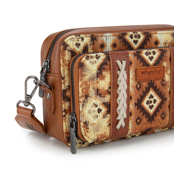 Load image into Gallery viewer, WG130-3003LBR - Wrangler Dual Sided Print Crossbody Purse W/ Compartment - Light Brown
