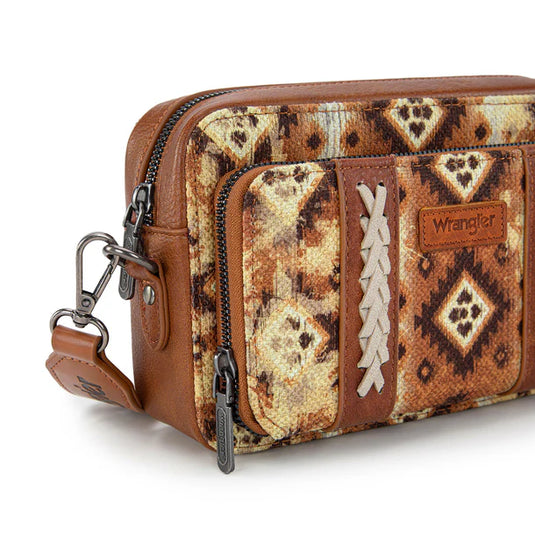 WG130-3003LBR - Wrangler Dual Sided Print Crossbody Purse W/ Compartment - Light Brown