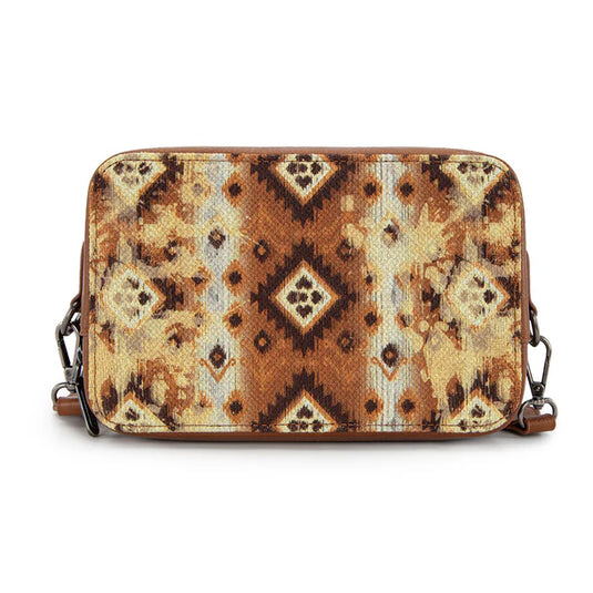 WG130-3003LBR - Wrangler Dual Sided Print Crossbody Purse W/ Compartment - Light Brown