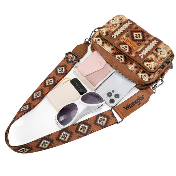 Load image into Gallery viewer, WG130-3003LBR - Wrangler Dual Sided Print Crossbody Purse W/ Compartment - Light Brown
