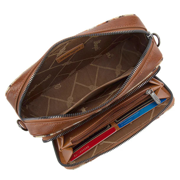 Load image into Gallery viewer, WG130-3003LBR - Wrangler Dual Sided Print Crossbody Purse W/ Compartment - Light Brown

