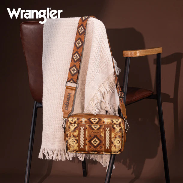 Load image into Gallery viewer, WG130-3003LBR - Wrangler Dual Sided Print Crossbody Purse W/ Compartment - Light Brown
