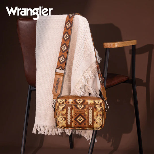 WG130-3003LBR - Wrangler Dual Sided Print Crossbody Purse W/ Compartment - Light Brown