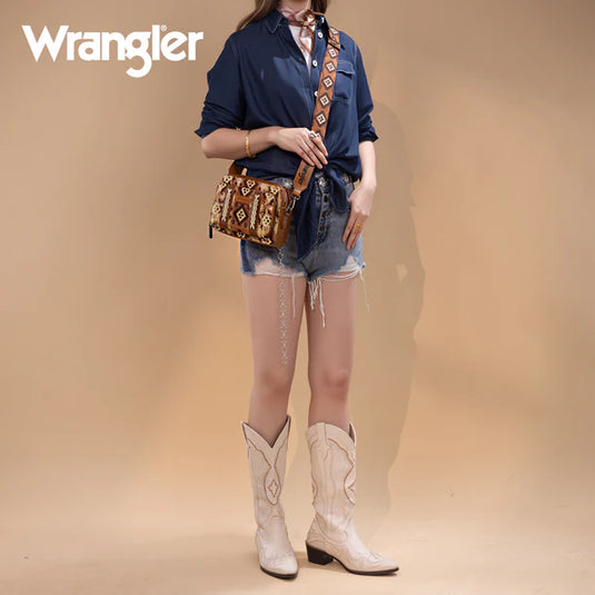 WG130-3003LBR - Wrangler Dual Sided Print Crossbody Purse W/ Compartment - Light Brown