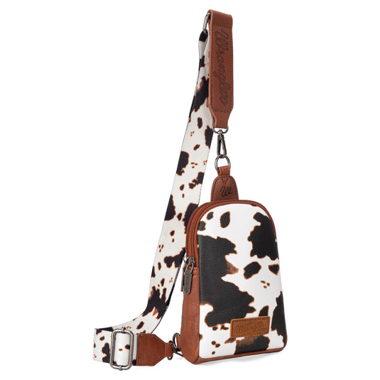 WG133-210BR - Wrangler Cow Print Crossbody Sling Chest Bag - Brown