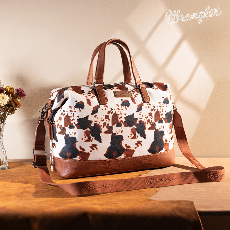 Load image into Gallery viewer, WG133-5110BR -  Wrangler Cow Print Collection Weekender Bag - Brown
