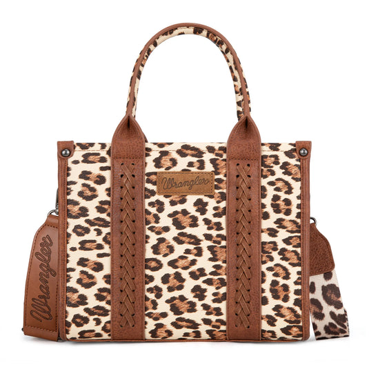 WG133-81203SBR - Wrangler Leopard Print Concealed Carry Tote/Crossbody - Brown