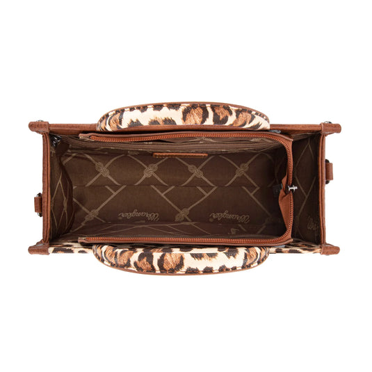 WG133-81203SBR - Wrangler Leopard Print Concealed Carry Tote/Crossbody - Brown