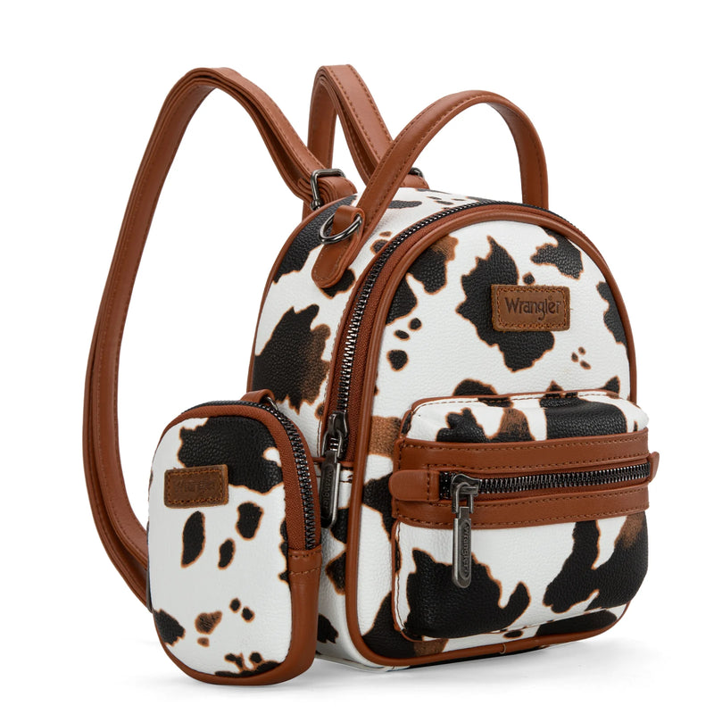 Load image into Gallery viewer, WG133-8600BR - Wrangler Cow Print Mini Backpack W/ Coin Pouch - Brown
