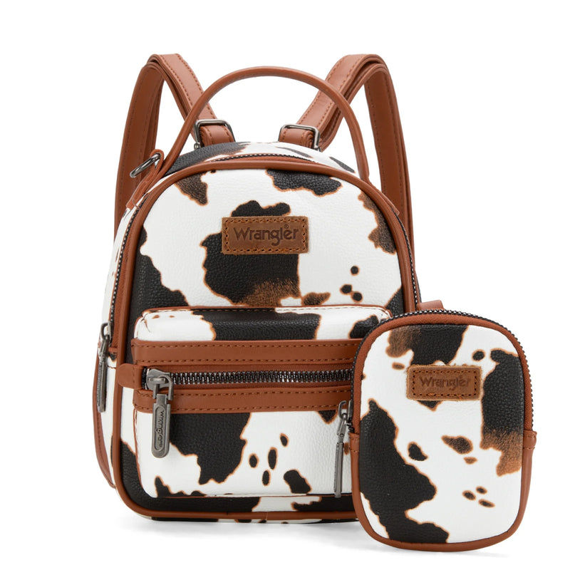 Load image into Gallery viewer, WG133-8600BR - Wrangler Cow Print Mini Backpack W/ Coin Pouch - Brown

