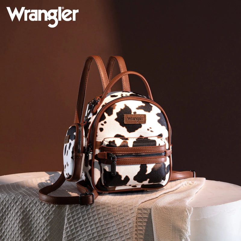 Load image into Gallery viewer, WG133-8600BR - Wrangler Cow Print Mini Backpack W/ Coin Pouch - Brown
