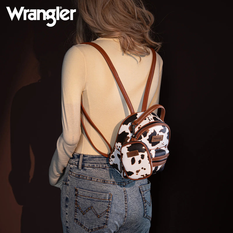 Load image into Gallery viewer, WG133-8600BR - Wrangler Cow Print Mini Backpack W/ Coin Pouch - Brown
