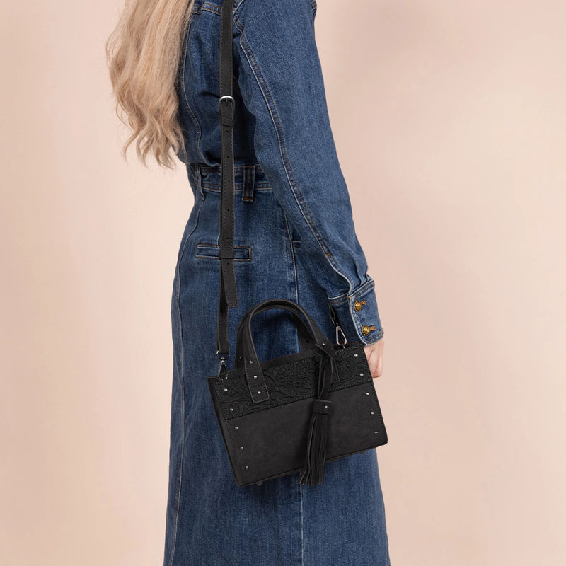 Load image into Gallery viewer, WG160-60102BK - Wrangler Western Tooled Tote Crossbody - Black

