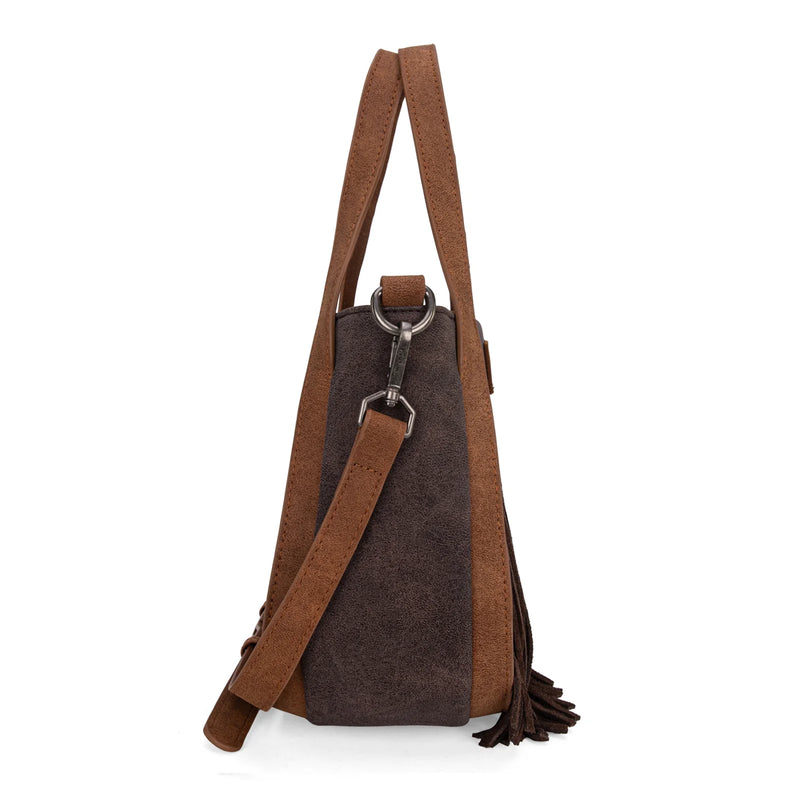 Load image into Gallery viewer, WG162-8136CF - Wrangler &quot;W&quot; Stitch Fringe Two Tone Tote/Crossbody - Coffee
