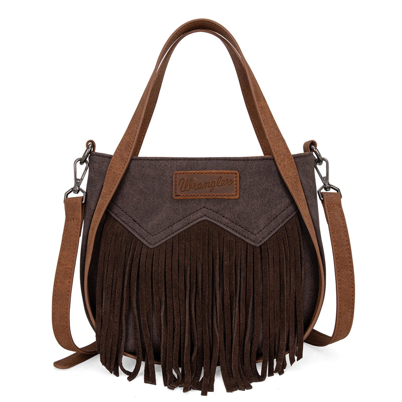 Load image into Gallery viewer, WG162-8136CF - Wrangler &quot;W&quot; Stitch Fringe Two Tone Tote/Crossbody - Coffee
