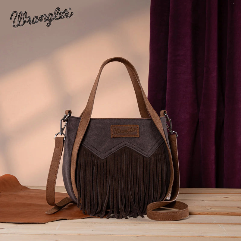 Load image into Gallery viewer, WG162-8136CF - Wrangler &quot;W&quot; Stitch Fringe Two Tone Tote/Crossbody - Coffee
