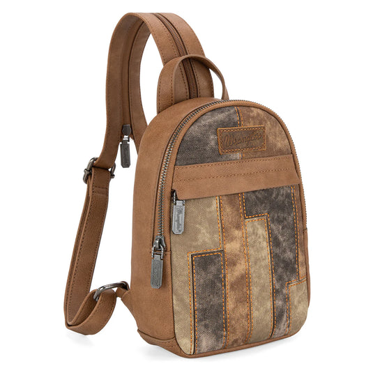 WG164-210BR - Wrangler Denim Patchwork Mini Backpack w/ Detachable Coin Pouch - Brown