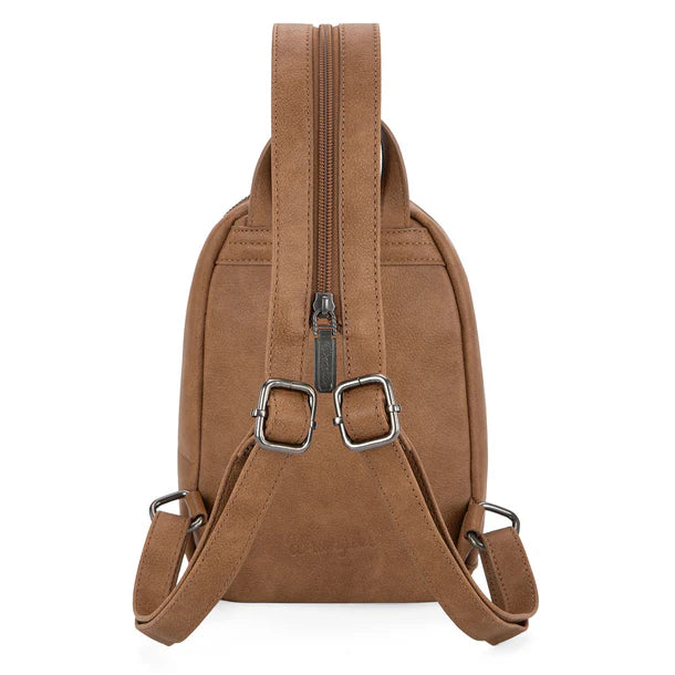 Load image into Gallery viewer, WG164-210BR - Wrangler Denim Patchwork Mini Backpack w/ Detachable Coin Pouch - Brown
