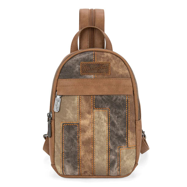 Load image into Gallery viewer, WG164-210BR - Wrangler Denim Patchwork Mini Backpack w/ Detachable Coin Pouch - Brown
