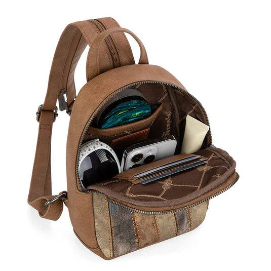 WG164-210BR - Wrangler Denim Patchwork Mini Backpack w/ Detachable Coin Pouch - Brown
