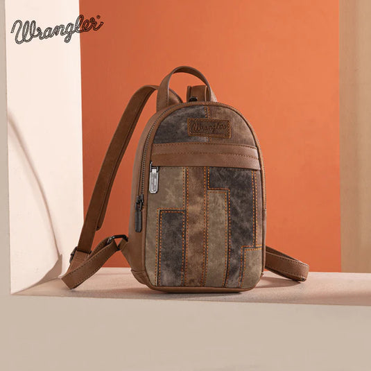 WG164-210BR - Wrangler Denim Patchwork Mini Backpack w/ Detachable Coin Pouch - Brown