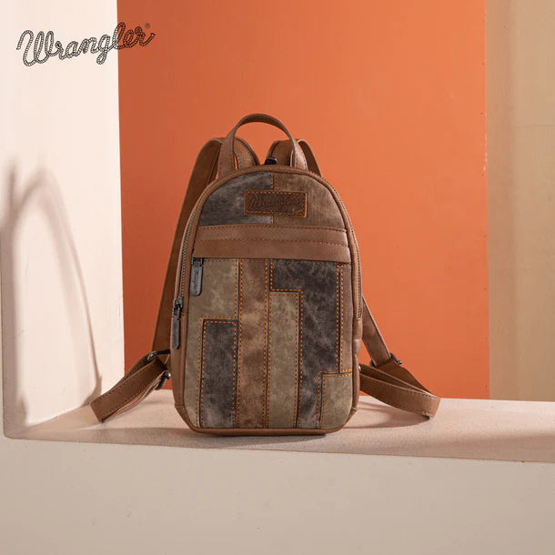 Load image into Gallery viewer, WG164-210BR - Wrangler Denim Patchwork Mini Backpack w/ Detachable Coin Pouch - Brown
