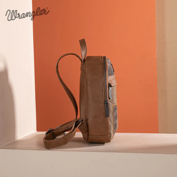 Load image into Gallery viewer, WG164-210BR - Wrangler Denim Patchwork Mini Backpack w/ Detachable Coin Pouch - Brown
