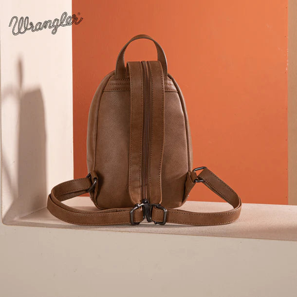 Load image into Gallery viewer, WG164-210BR - Wrangler Denim Patchwork Mini Backpack w/ Detachable Coin Pouch - Brown
