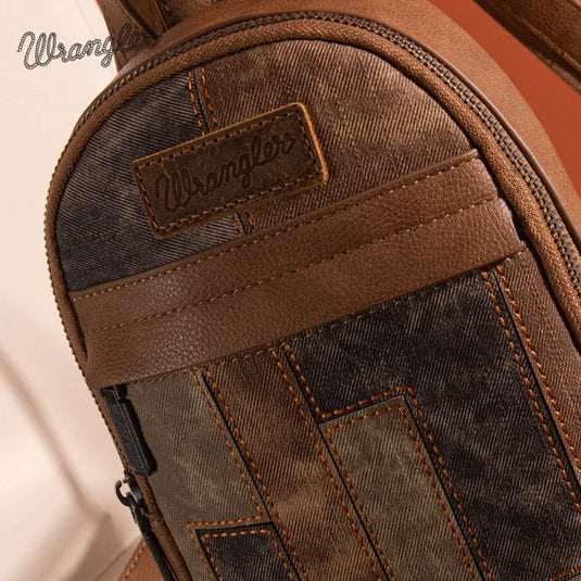 WG164-210BR - Wrangler Denim Patchwork Mini Backpack w/ Detachable Coin Pouch - Brown