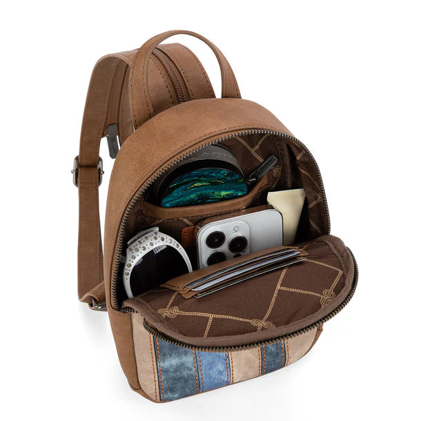 Load image into Gallery viewer, WG164-210JN - Wrangler Denim Patchwork Mini Backpack w/Detachable Coin Pouch - Jean
